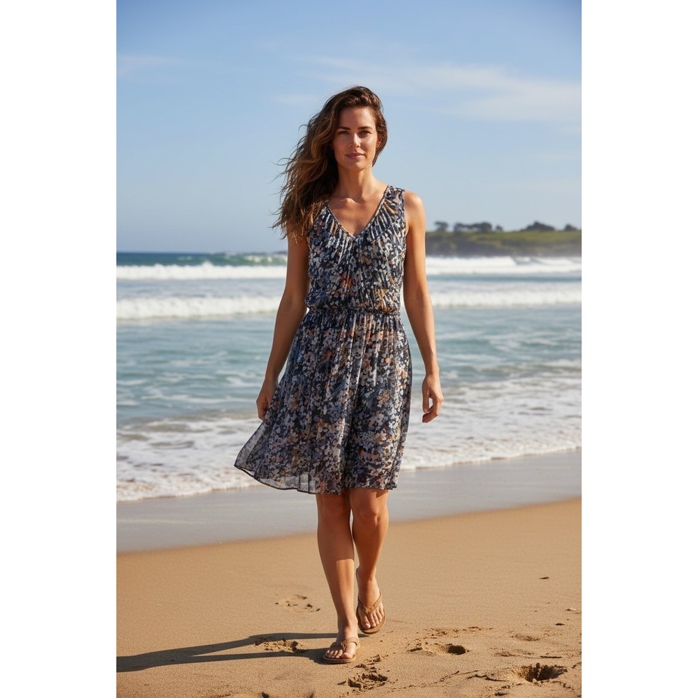 Womens Weston Wear Floral V-Neck Dress M Blue Excellent Boho Pleated